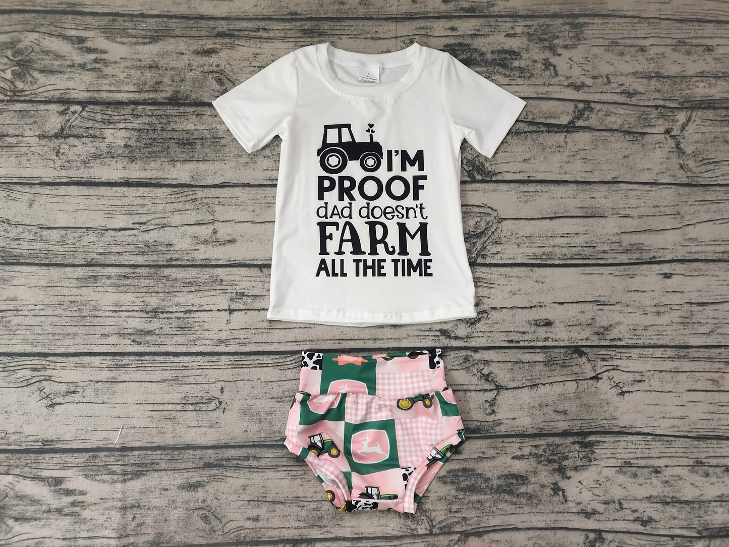 proof dad doesn't farm cow letters truck cow white short sleeve bummie set 0111