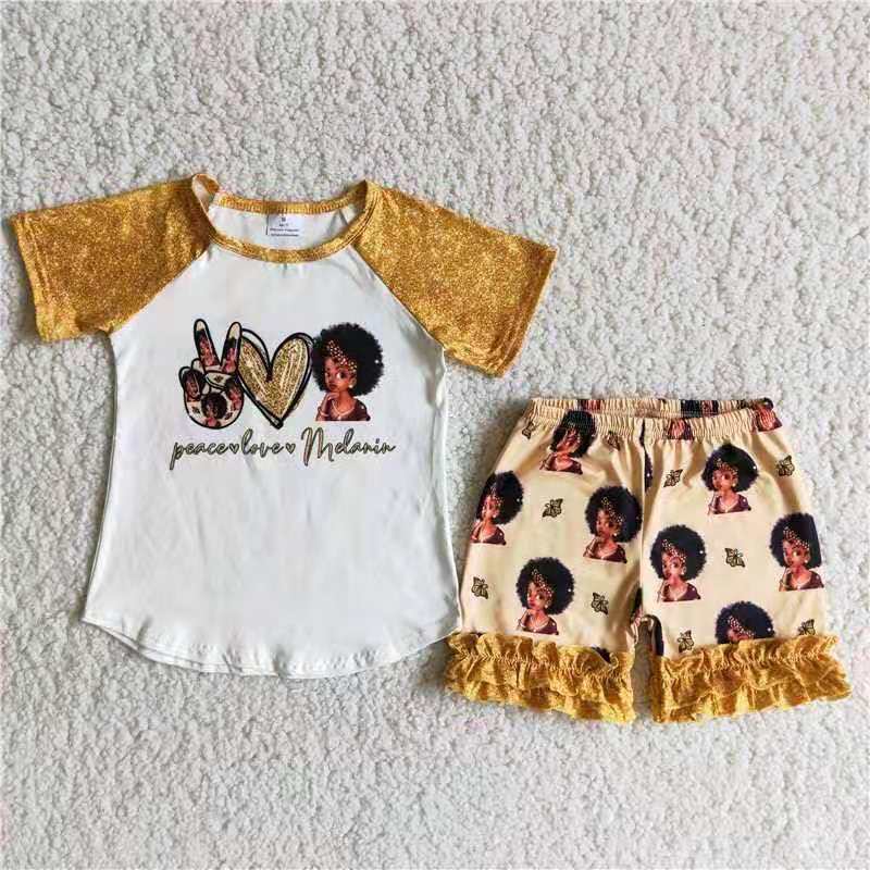 D6-14 bubble gum black big eyes girls baby golden raglan ruffles short sleeve shorts set 20230505 RTS