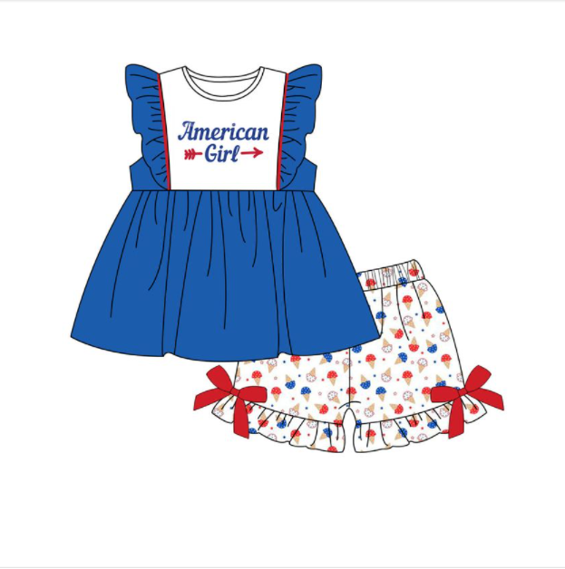 promotion GSSO0042 American Girl ruffles blue white ice short sleeve shorts girl outfits 0411