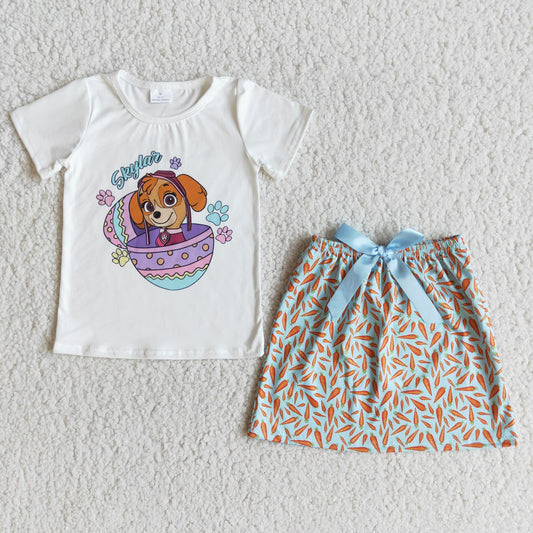 Promotion Easter eggs cartoon dog animal print white top sleeve girl carrots dress