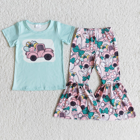 Promotion blue top Easter eggs pink car print colorful short sleeve bell bottom pant outfit