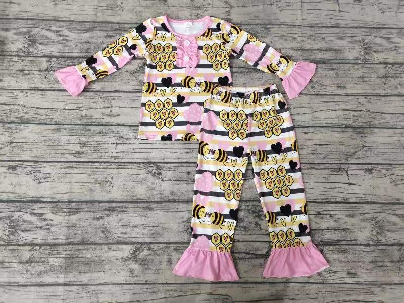 promotion pink yellow stripe bees girl long sleeve pajamas outfits Jan 0106