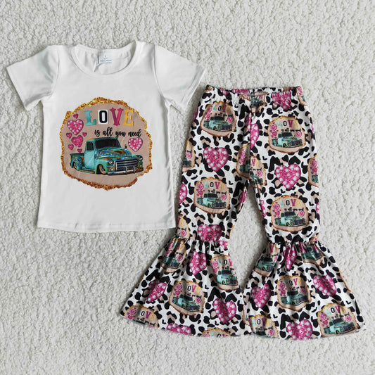 love letters car cow print white purple short sleeve bell bottom girl outfits 0915 RTS