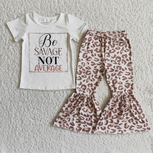 promotion be savage not average white leopard bow letter girl short sleeve bell bottom pant outfit