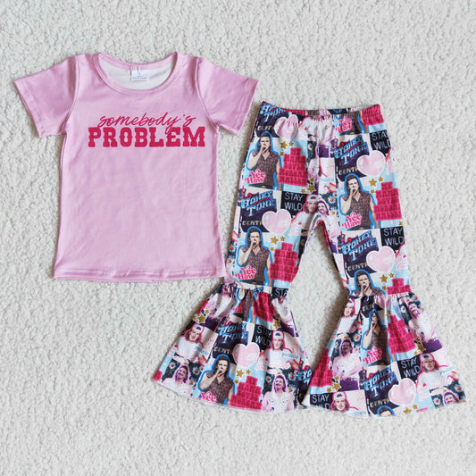 promotion problem letters singer pink girl short sleeve bell bottom pant outfit