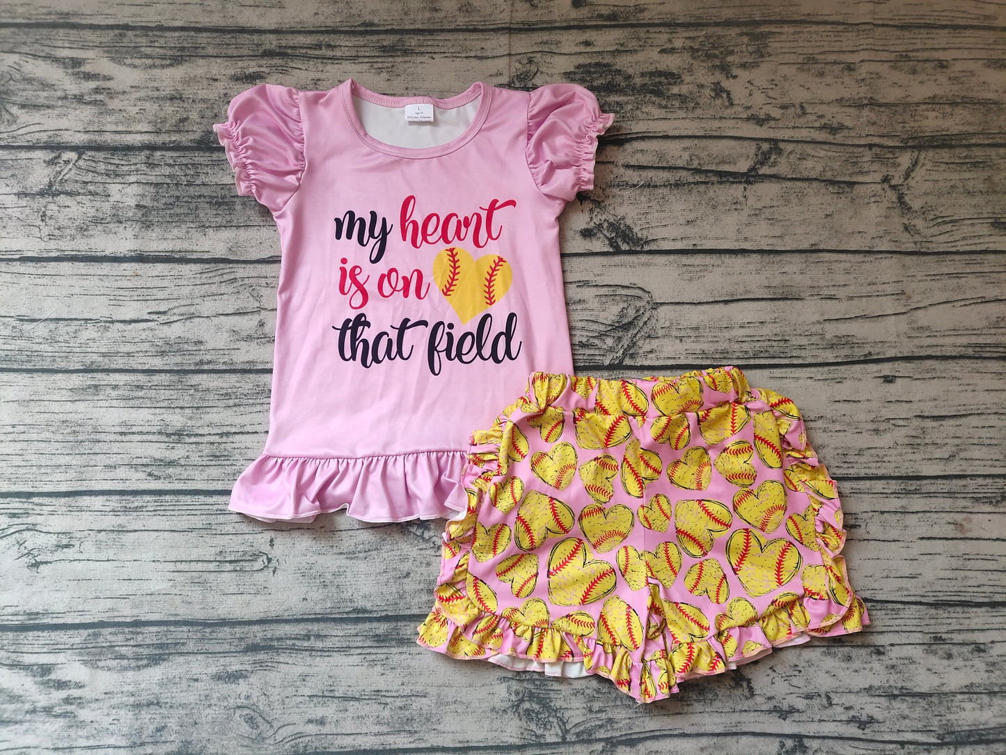 preorder my heart is on that field letters yellow balls ruffles girl pink short sleeve shorts outfits