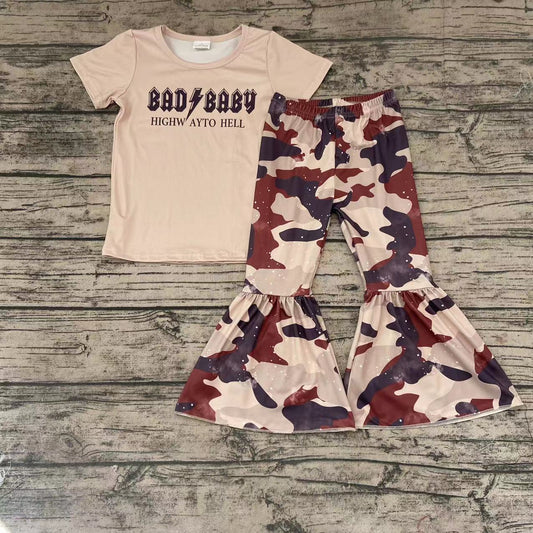 preorder bad baby highw ayto hell letters camo short sleeve bell bottom pant girl outfit