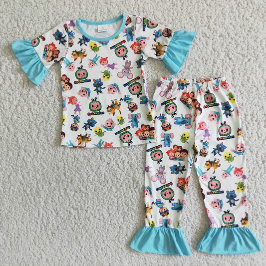 promotion A3-2 Girls Blue Lace Cartoon Short Sleeve Pajamas 20230725