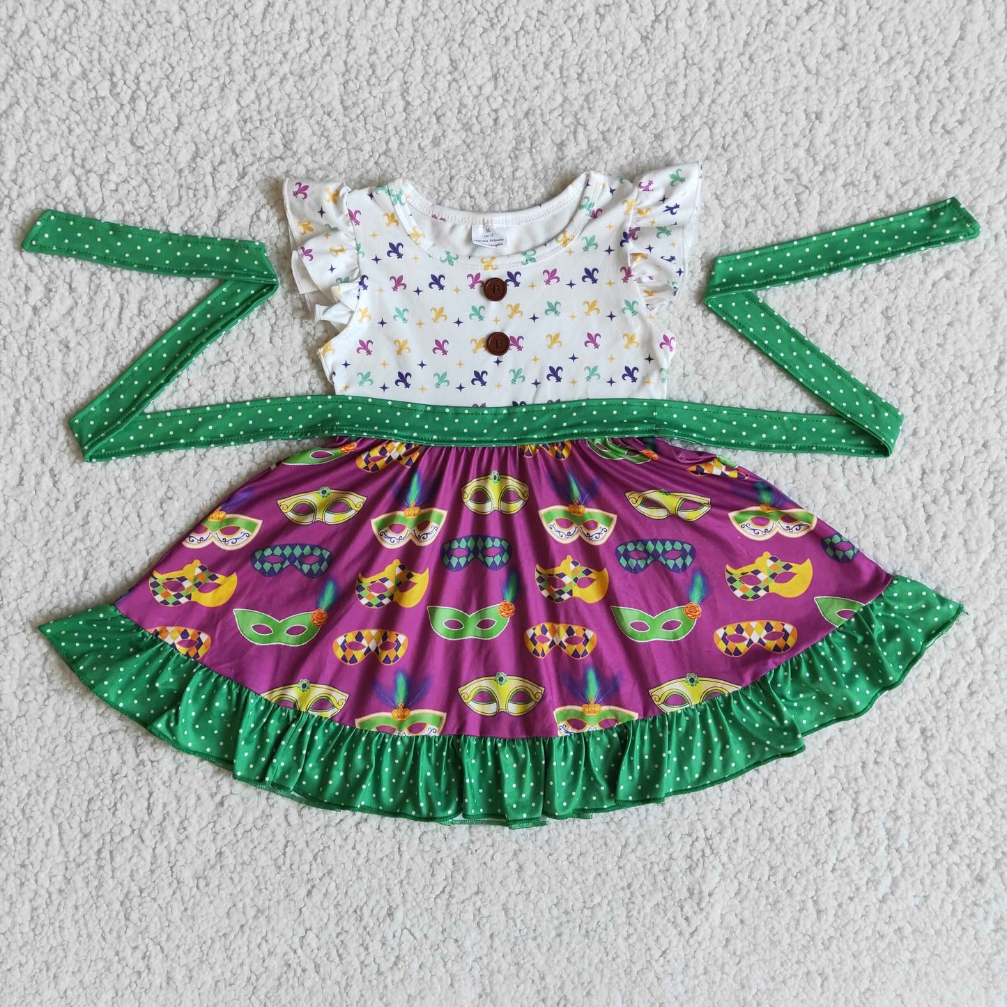 Mardi Gras Carnival green dot belt purple girl puffy short sleeve dress