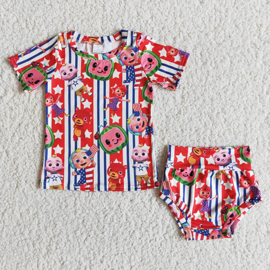 promotion price D4-5 cartoon red stripe watermelon short sleeve bummie set