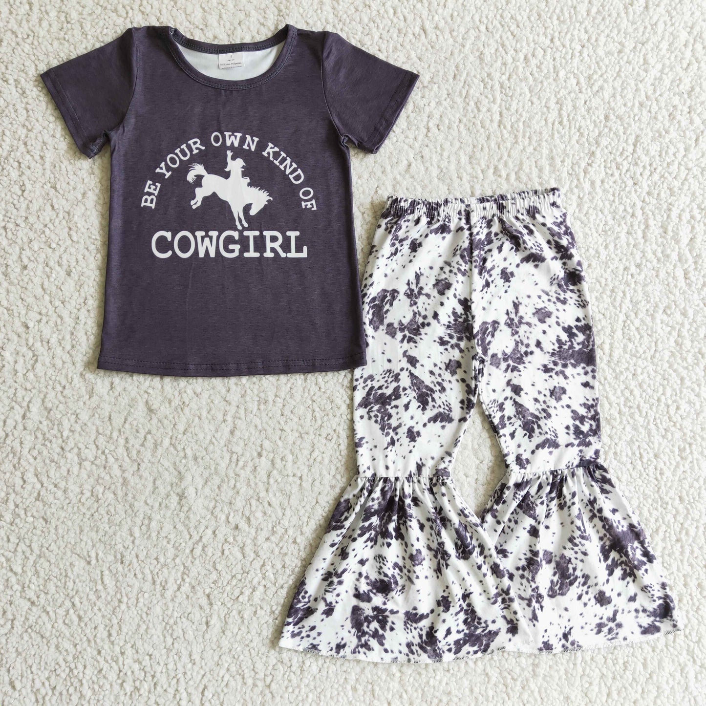 promotion D4-27 cowgirl horse black short sleeve girl bell bottom pant outfit  20230720 RTS