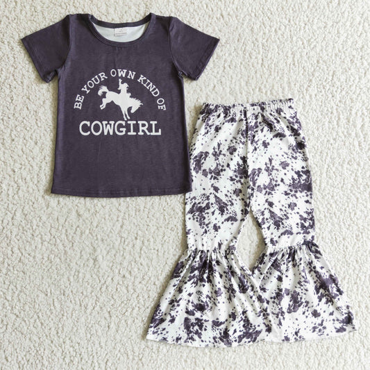 promotion D4-27 cowgirl horse black short sleeve girl bell bottom pant outfit  20230720 RTS