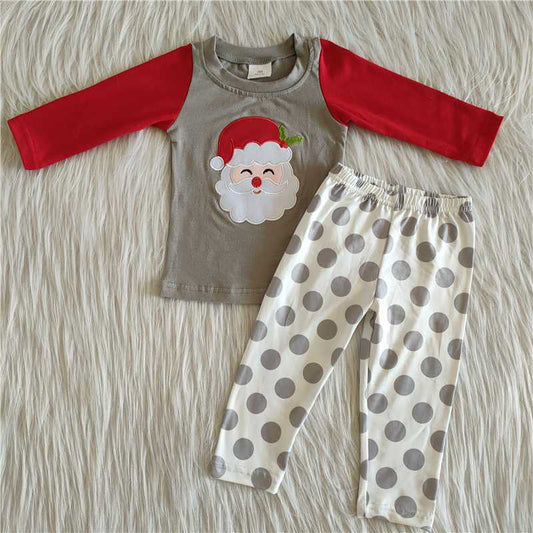 Promotion Christmas embroidery santa boy grey dot red raglan long sleeve pajamas outfits