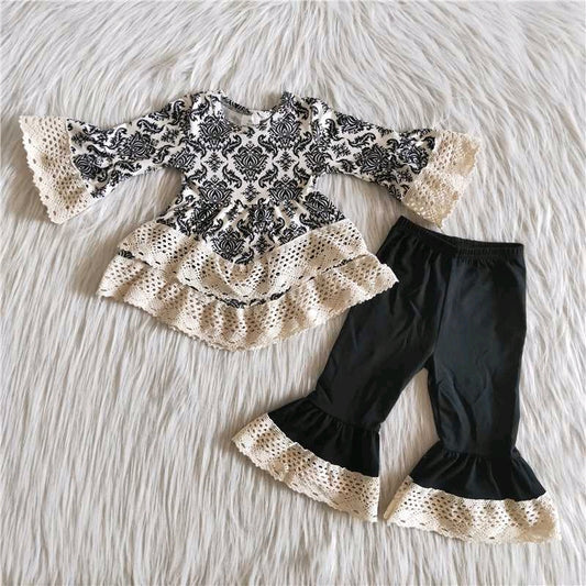 promotion 6 A11-16 black floral ruffle double white lace tunic long sleeve long black pant girl outfit 0630 RTS