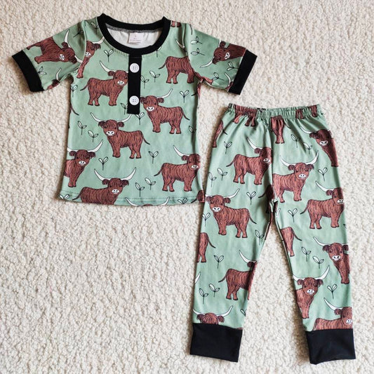 boy black green yak cow short sleeve pajamas outfit