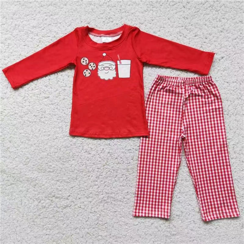 promotion 6 C11-3 RTS Christmas Santa cookies long sleeve pink plaid BOY pajamas outfit 1031