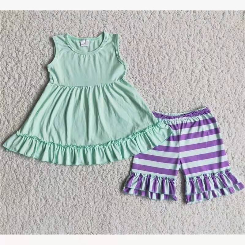 green solid color ruffles purple white stripe girl short sleeve shorts outfits