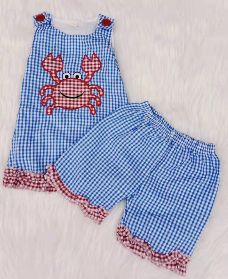 blue plaid crab embroidery short sleeve short pants outfit 0209