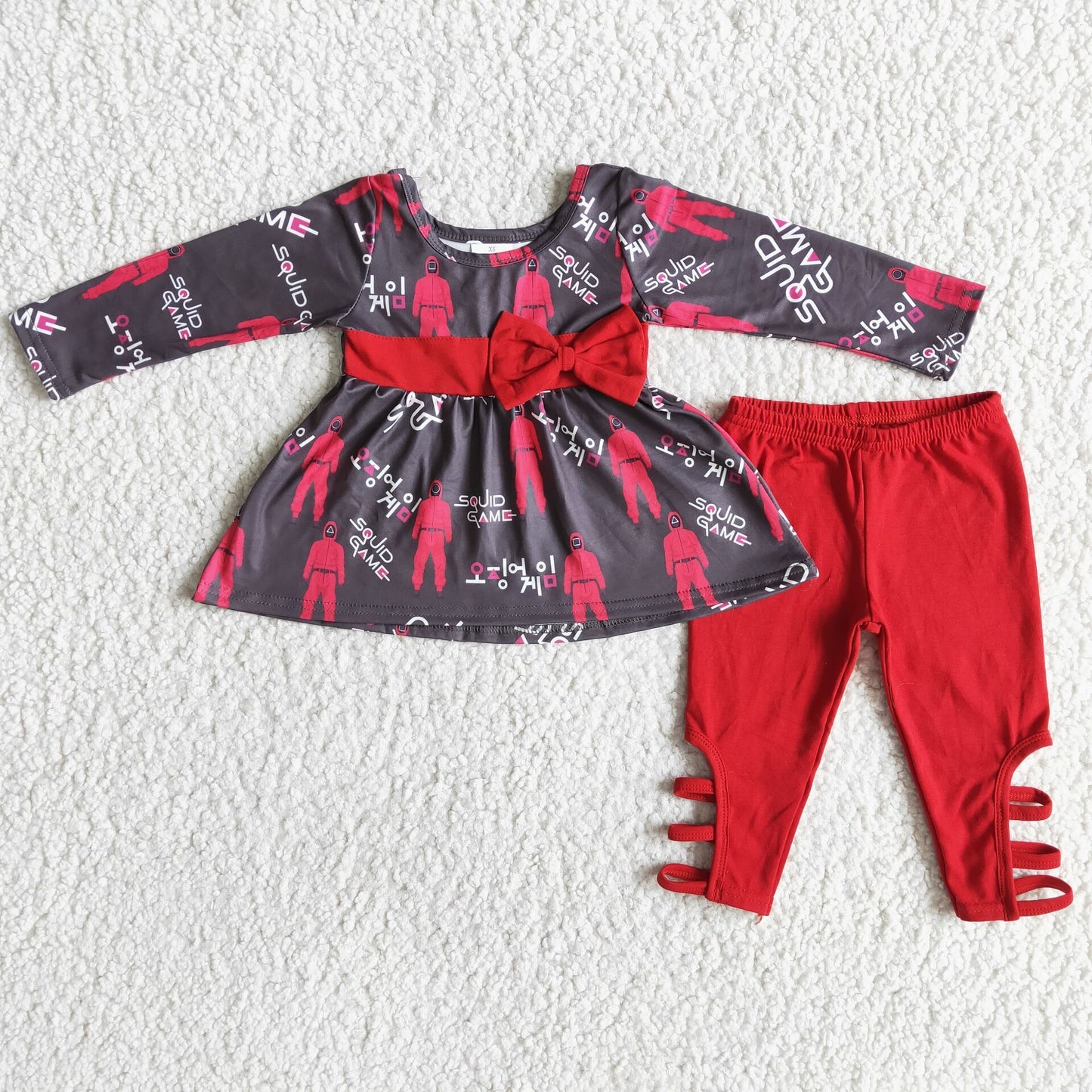 promotion 6 B13-16 girl red fashion tunic bow character long sleeve legging pant outfit