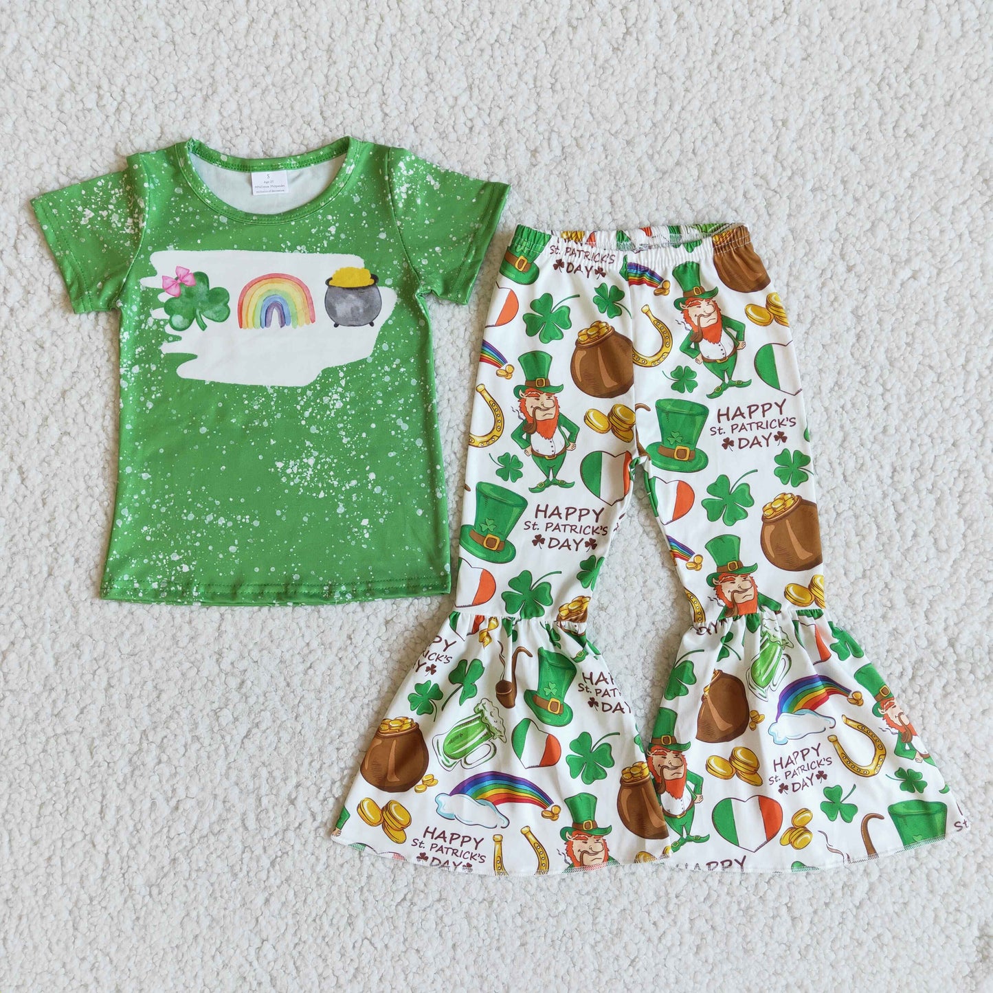 promotion RTS 1118 rainbow clover green short sleeve bell bottom pant GIRL outfit B16-11