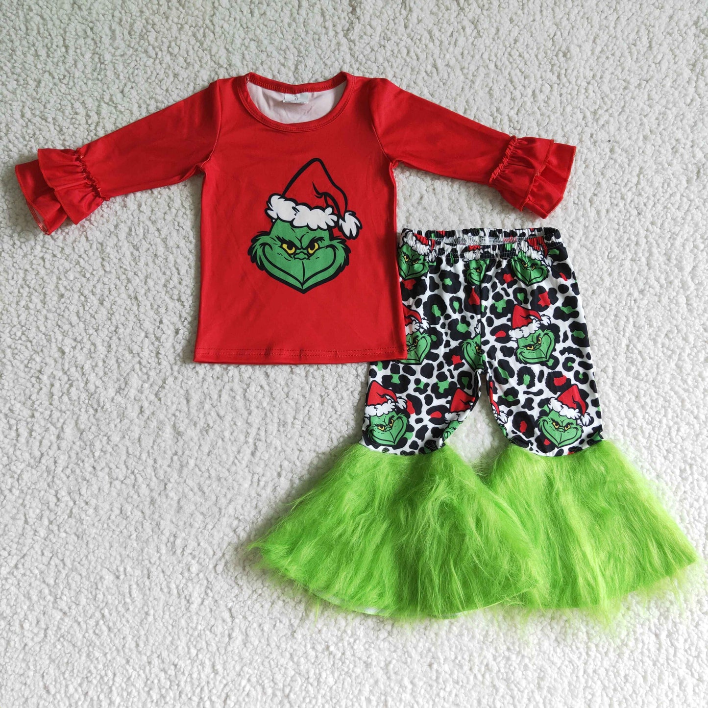 GLP0151 fur Christmas green cartoon red long sleeve  green grin fluffy pants girl outfit 1031