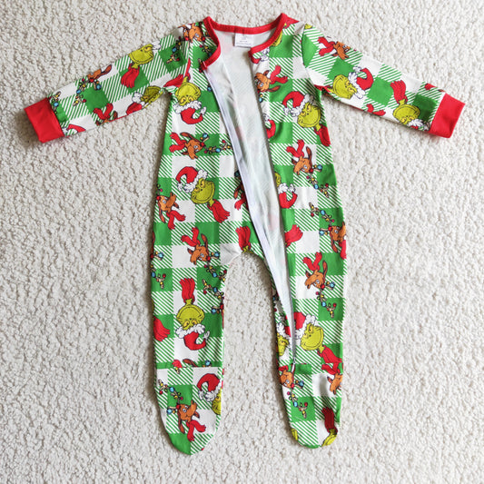 LR0194 christmas cartoon green grin long sleeve girl romper 1031