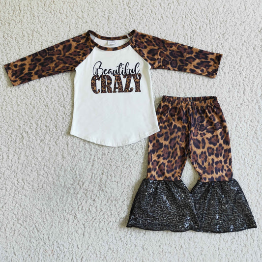 sequins crazy print leopard long sleeve bell bottom pants outfit 0809 RTS