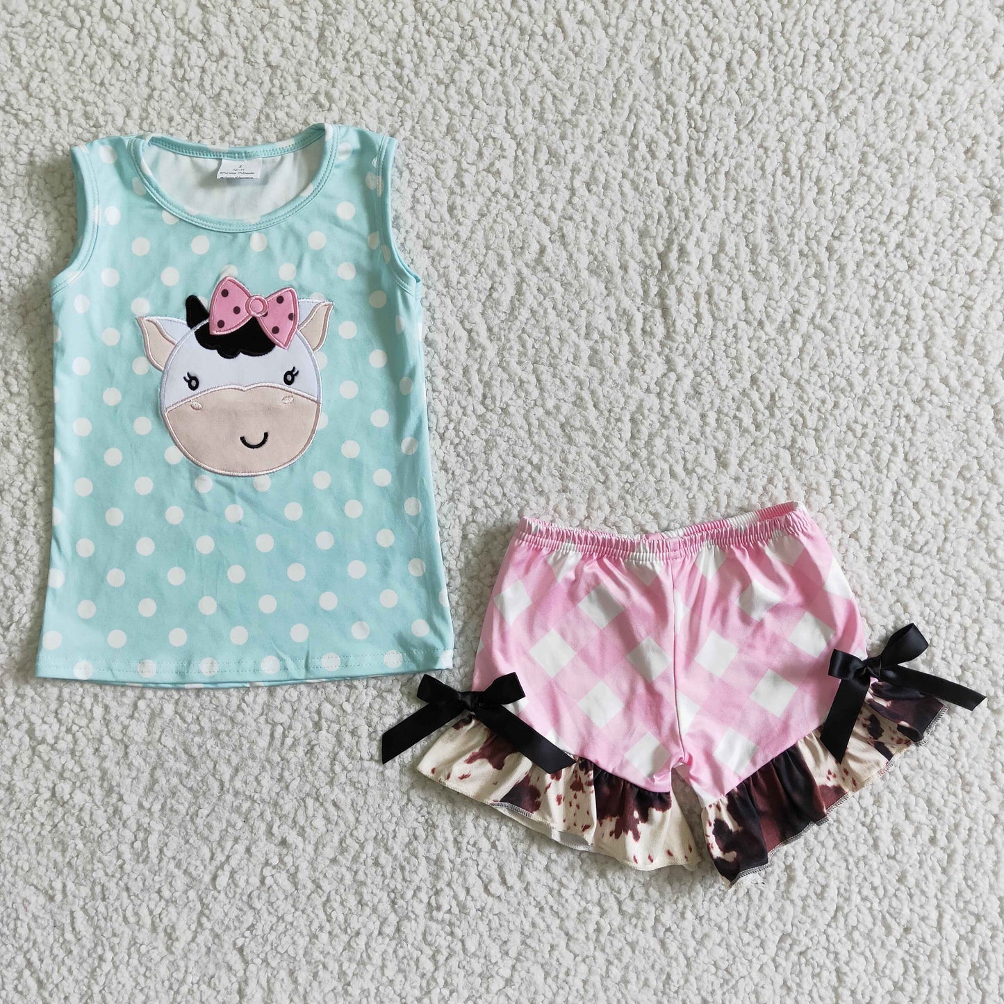 promotion GSSO0088 RTS green top pink cow embroidery short sleeve girl bow shorts girl outfit 20230429 RTS