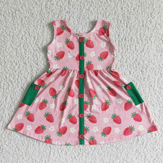 strawberry green pockets buttons sleeveless girl dress 0428