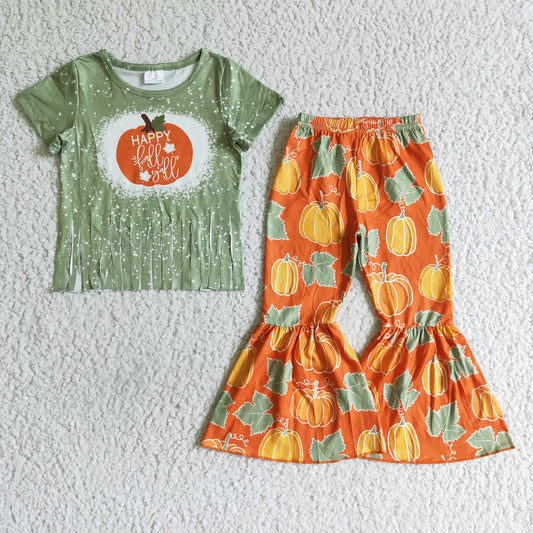 promotion RTS 0806 green happy yall letters pumpkin orange tassels short sleeve bell bottom outfit
