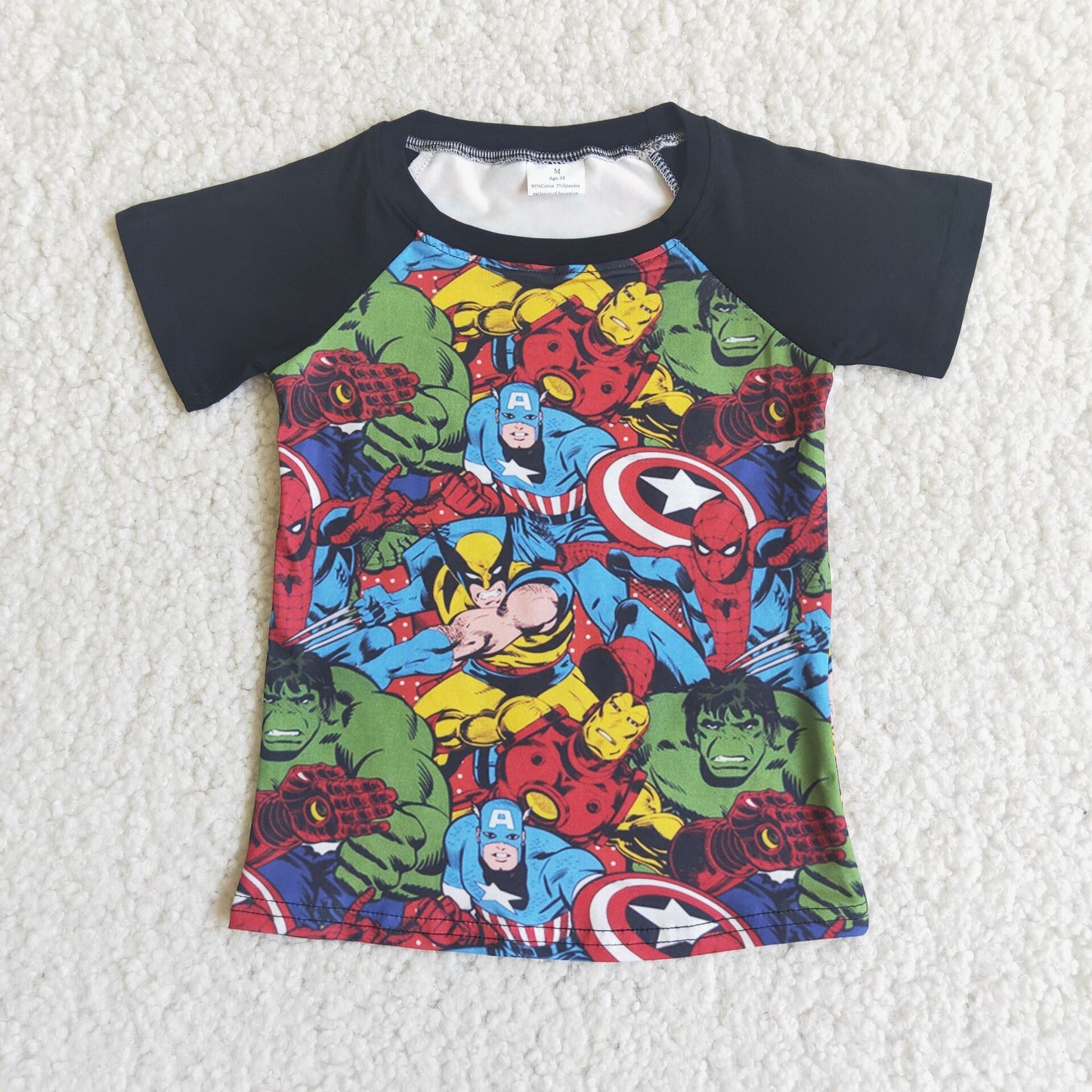 super hero star cartoon black hero raglan boy short sleeve top