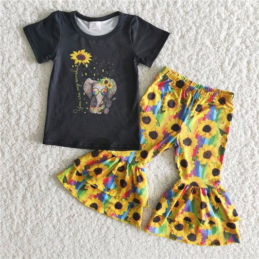 elephant yellow sunflowers black short sleeve bell bottom outfit