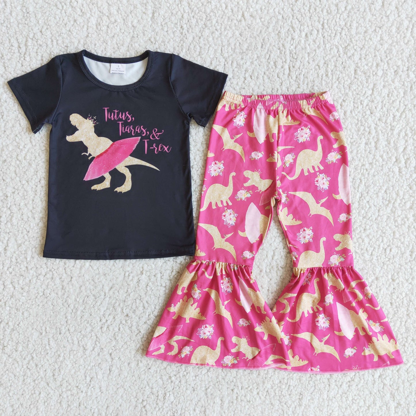 cartoon golden pink dinosaur black girl short sleeve bell bottom pant outfit