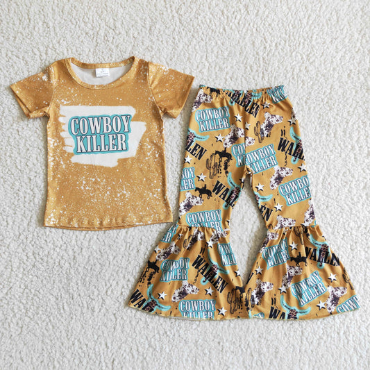 RTS cowboys yellow cow star print bell bottom pants outfit 0310