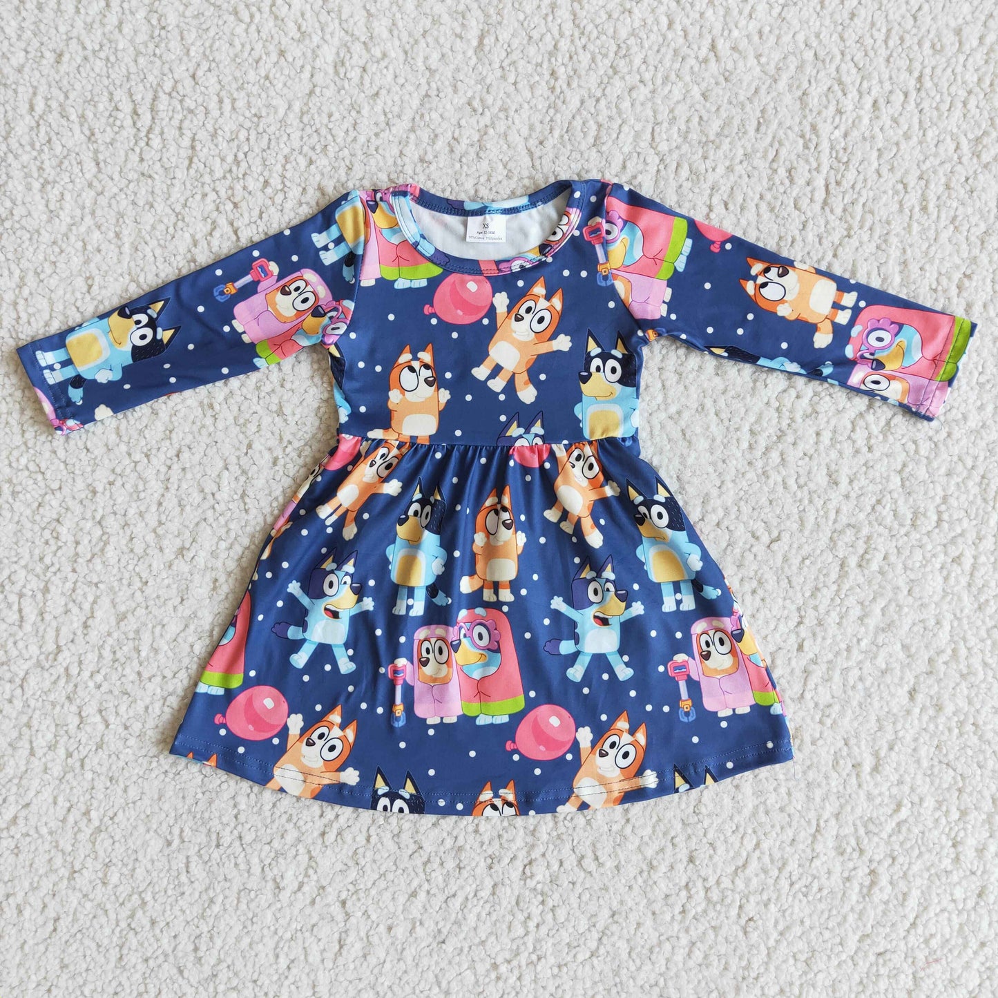 cartoon dogs blue long sleeve dress