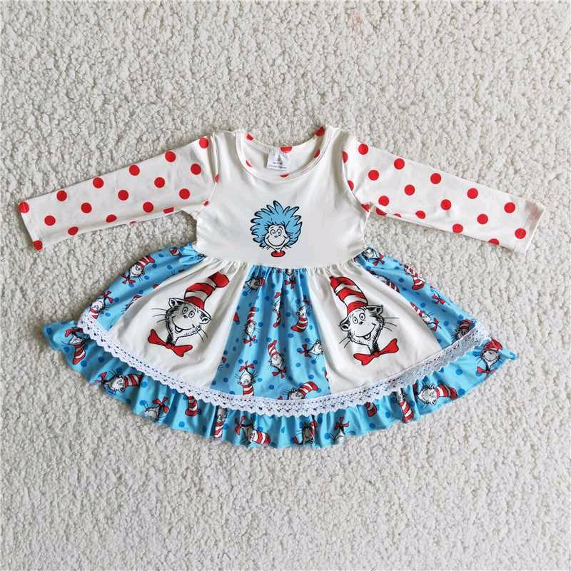 6 A9-18 red dot patchwork blue cartoon reading long sleeve girl dress 20230221 RTS