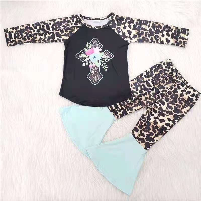 promotion 6 B3-1 Easter girl cross leopard print long sleeve bell bottom pants outfit