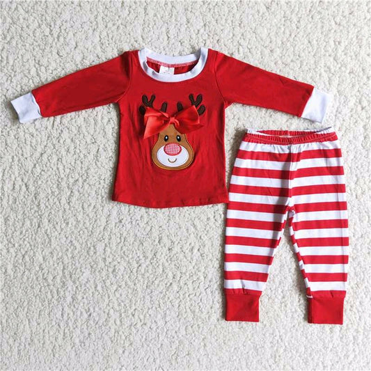 Christmas girl bow elk red embroidery stripe long sleeve pajamas outfits