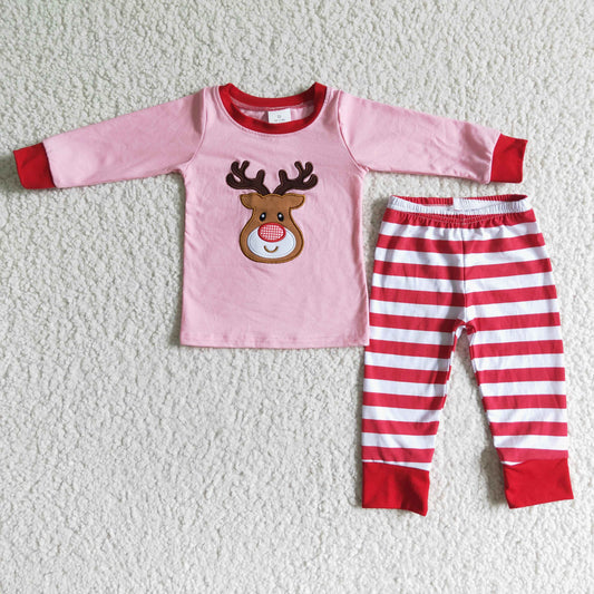 Christmas girl elk red stripe long sleeve pajamas outfits 0618 RTS
