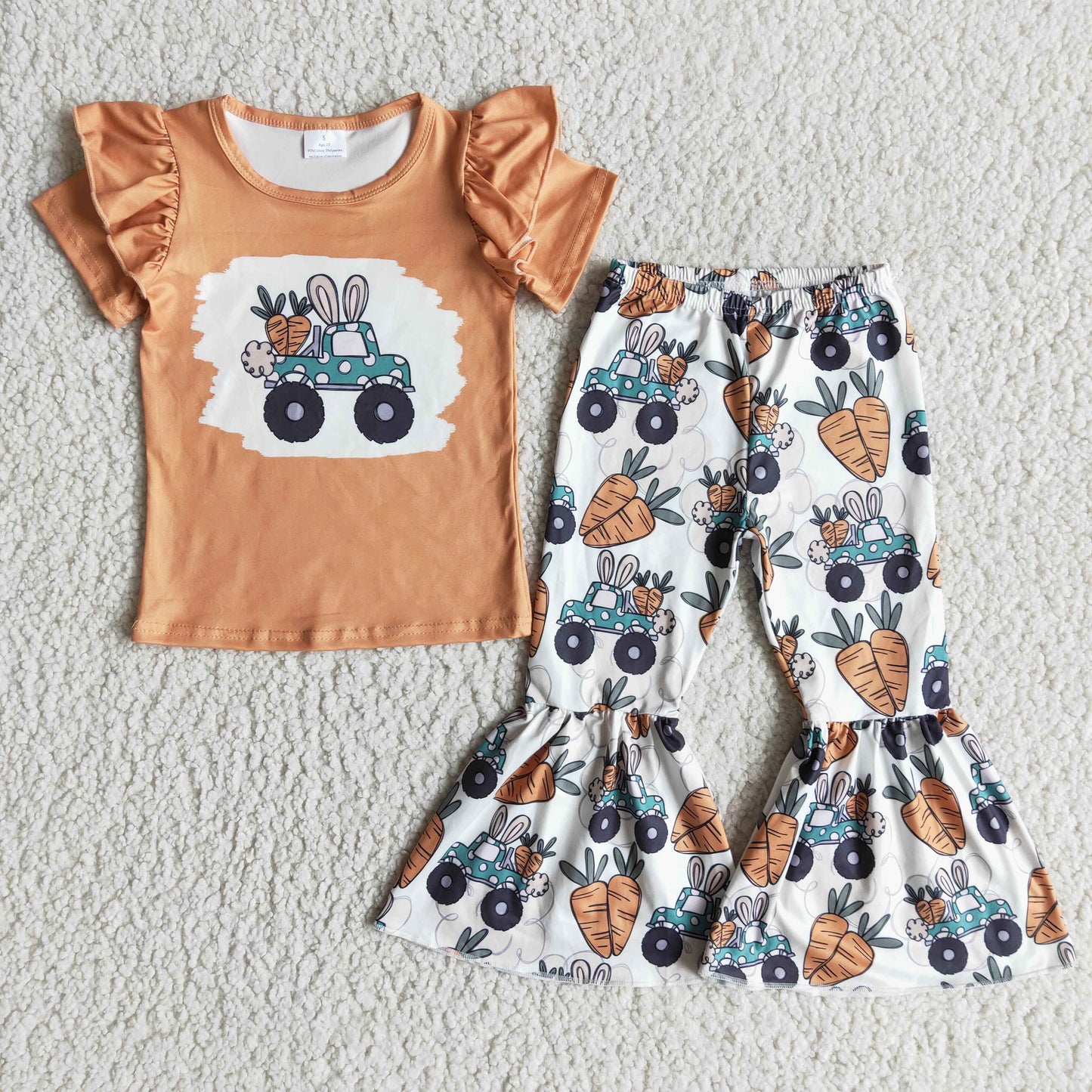 Promotion orange cartoon rabbit carrot ruffles short sleeve bell bottom pant outfit