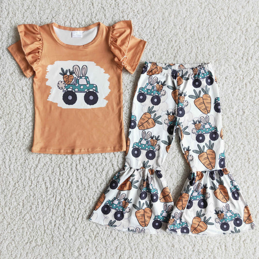 Promotion orange cartoon rabbit carrot ruffles short sleeve bell bottom pant outfit
