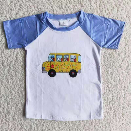 white blue car print blue raglan boy short sleeve top 0425