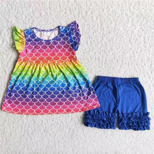 Promotion RTS mermaid scale puffy blue ruffle shorts girl outfit rts