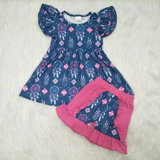 promotion A13-1 dreamcatcher navy blue puffy ruffles girl short sleeve shorts outfits 202402