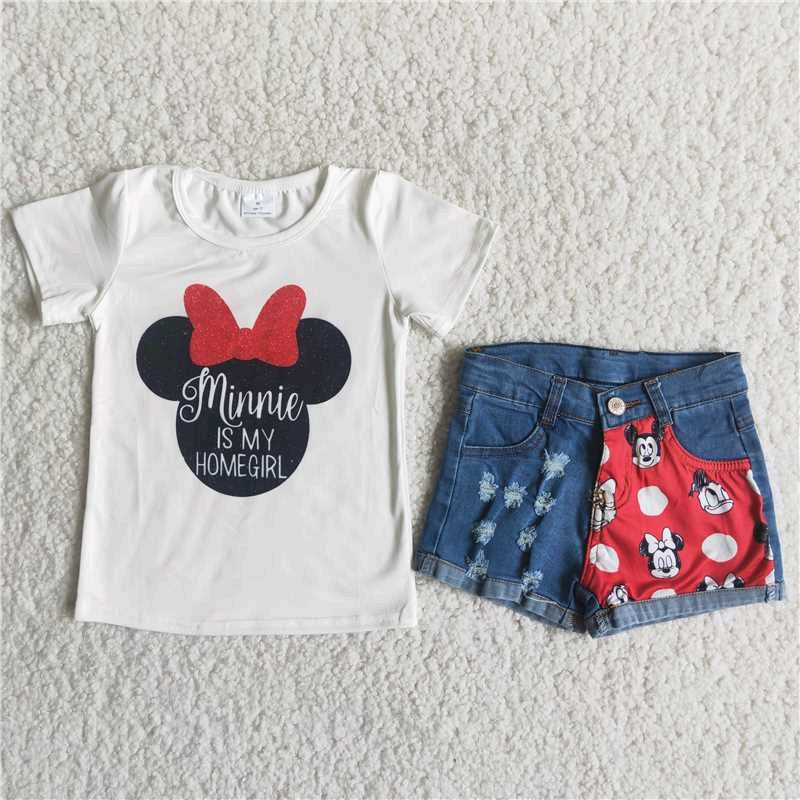 girl outfit cartoon bow mouse white denim shorts set