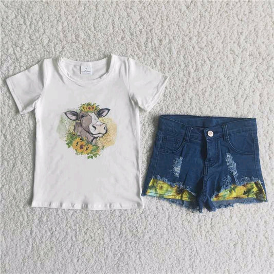 girl outfit flower cow white denim shorts set