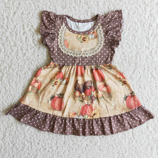 Promotion  Pumpkin lace puffy short sleeve dress