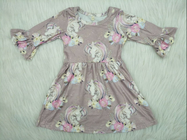 6 B3-6-1 horse unicorn print long sleeve dress