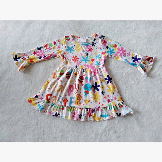 Happy Easter rabbit floral print tunic ruffles long sleeve dress