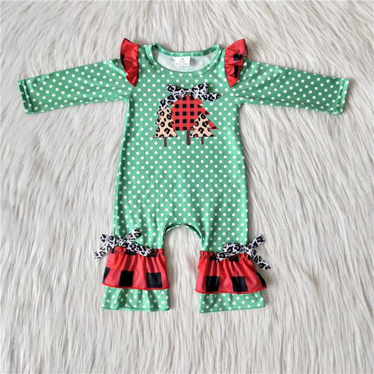 Christmas girl tree green dot red lace bow long sleeve romper